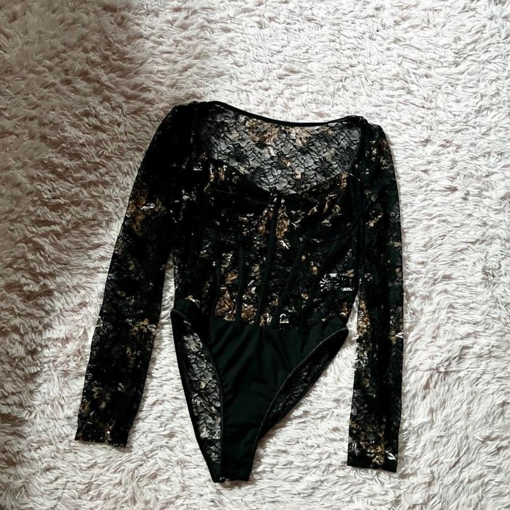 Black Floral Whimsygoth Fairy Grunge Sheer Dark Academia Bodysuit Womens Tall L‎